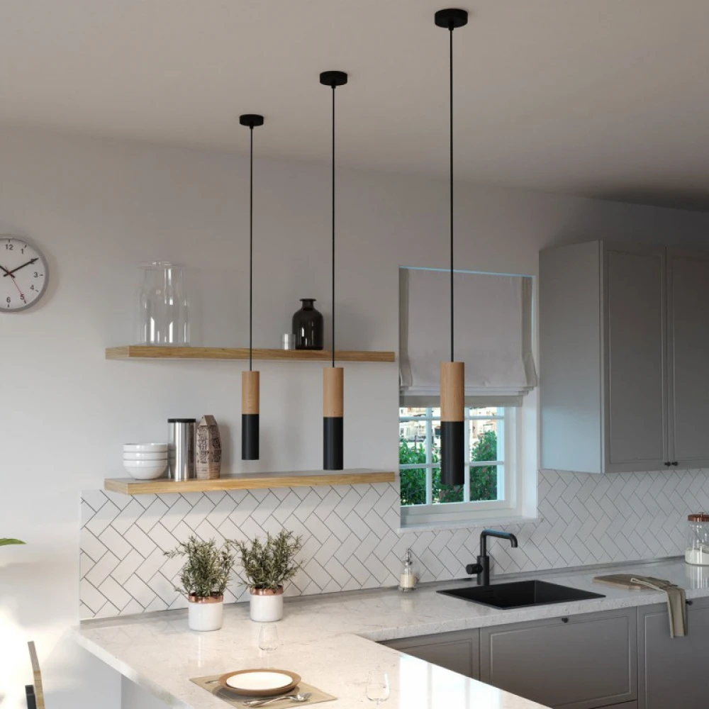 Ξυλινο Σποτ και μεταλλικό Tub-E14, με διπλό συνδυασμό και ντουί Ε14 ροδέλα Φυσικό Ξύλο - Μαύρο - Creative Cables