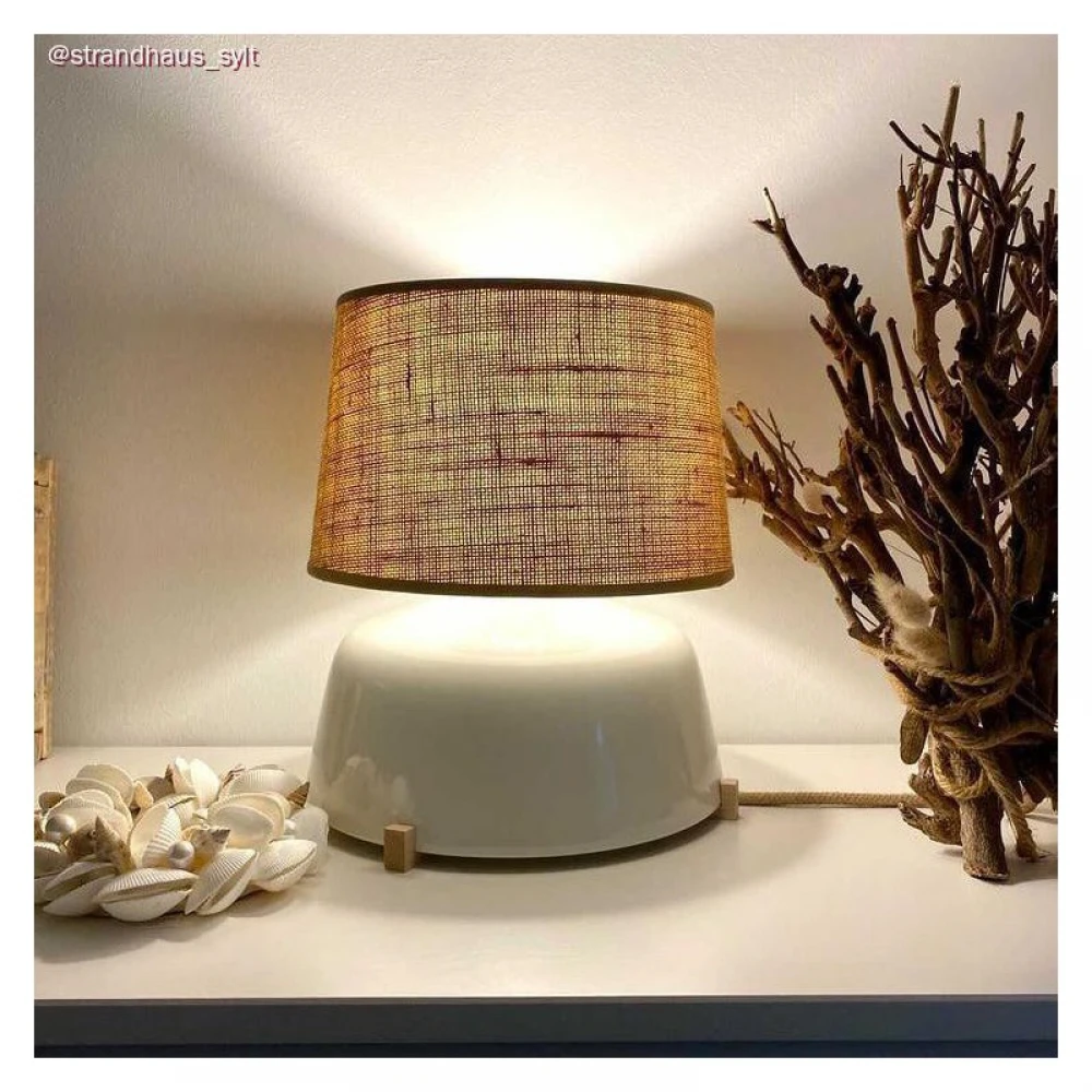 Κεραμικό Επιτραπέζιο Φωτιστικό Coppa με Καπέλο Athena, υφασμάτινο καλώδιο, διακοπτάκι και διπολικό φις - Λευκό Γυαλιστερό - Γιούτα φυσική - Creative Cables