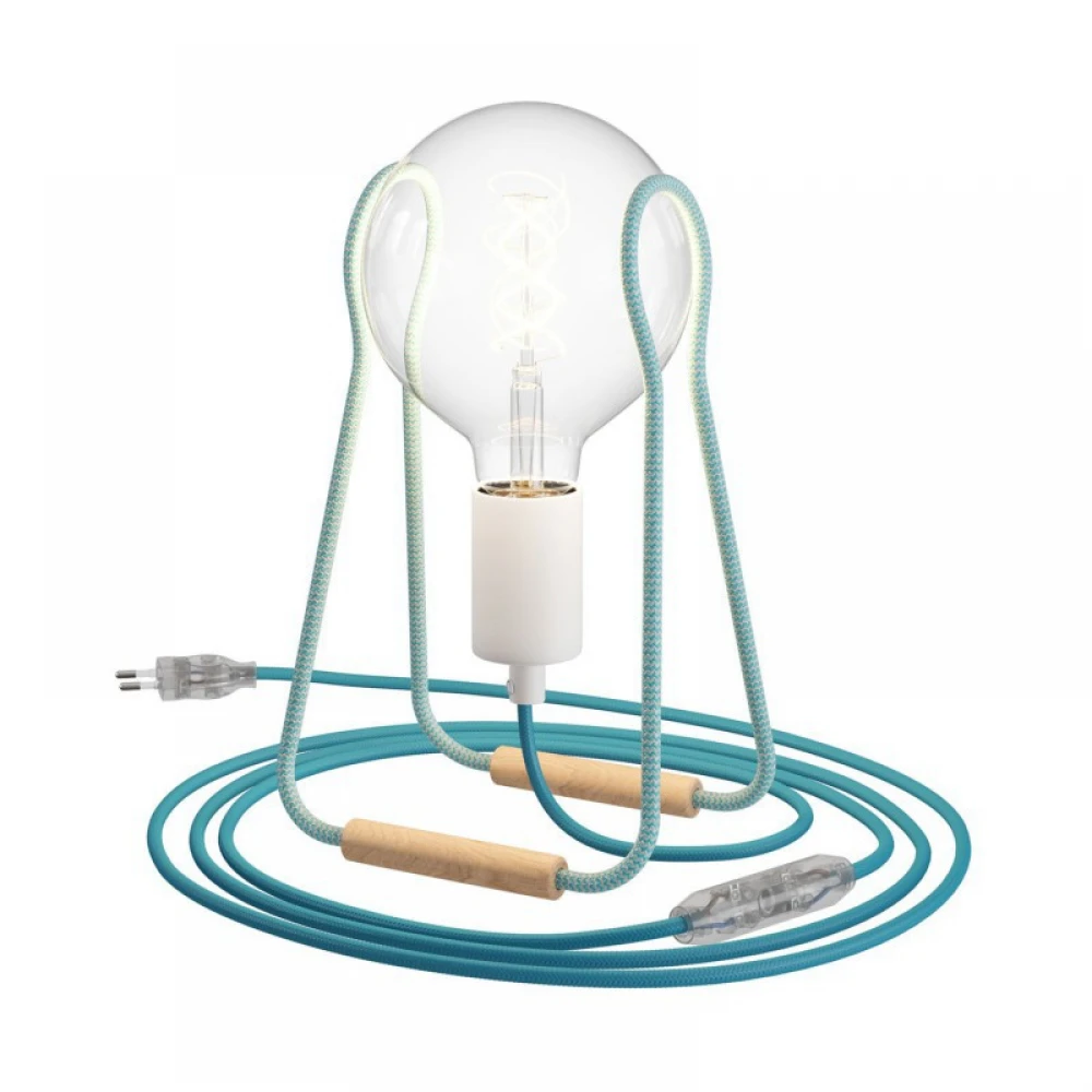 Επιτραπέζιο Φωτιστικό Tache Wood Με Υφασμάτινο Καλώδιο Διακοπτάκι Και Διπολικό Φις Μπλε με Τιρκουάζ - Creative Cables