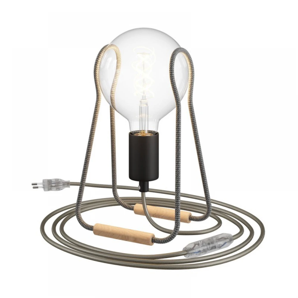 Επιτραπέζιο Φωτιστικό Tache Wood Με Υφασμάτινο Καλώδιο Διακοπτάκι Και Διπολικό Φις  Zig Zag Σκούρο Γκρι - Creative Cables