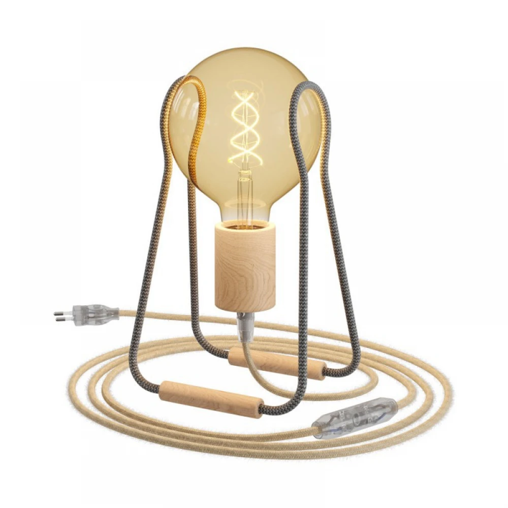 Επιτραπέζιο Φωτιστικό Tache Wood Με Υφασμάτινο Καλώδιο Διακοπτάκι Και Διπολικό Φις Γκρι - Creative Cables