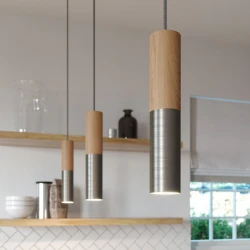 Κρεμαστό Φωτιστικό Σποτ Σωληνωτό Tub-E14 διπλό με Ξύλο και Μέταλλο Τιτάνιο - Made in Italy - Creative Cables