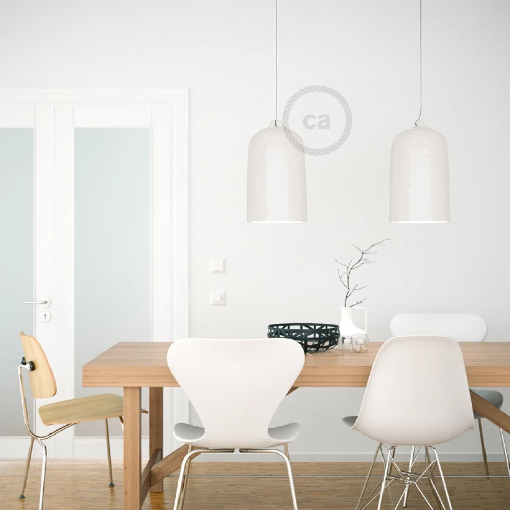 Κρεμαστό Φωτιστικό με Υφασμάτινο Καλώδιο Και Κεραμική Καμπάνα Bell XL Λευκό Γυαλιστερό - Made in Italy - Creative Cables