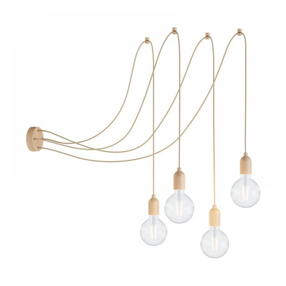 Φωτιστικό Αράχνη με 4 Κρεμαστές Λάμπες, Ξύλινα Αξεσουάρ και Υφασμάτινο Καλώδιο, Made in Italy - Creative Cables