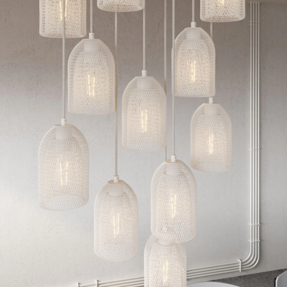 Κρεμαστό Φωτιστικό 11φωτο, με ορθογώνια ροζέτα Rose-One XXL 675 mm, υφασμάτινο καλώδιο και μεταλλικά καπέλα Ghostbell - Λευκό ΜΑΤ Dibond - Creative Cables