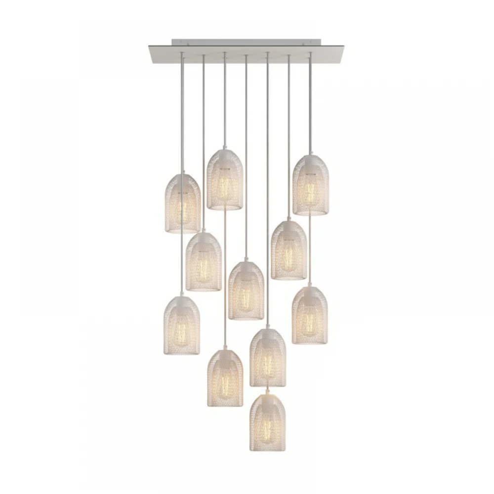 Κρεμαστό Φωτιστικό 11φωτο, με ορθογώνια ροζέτα Rose-One XXL 675 mm, υφασμάτινο καλώδιο και μεταλλικά καπέλα Ghostbell - Λευκό ΜΑΤ Dibond - Creative Cables