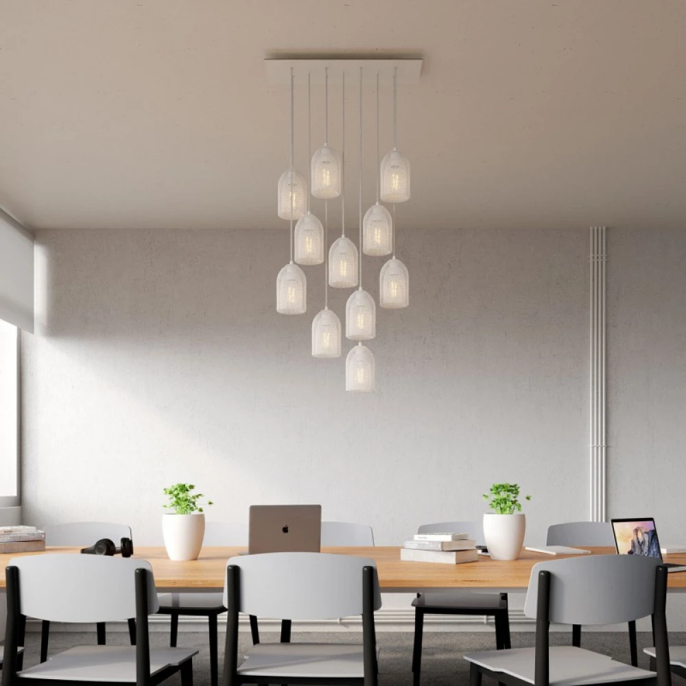 Κρεμαστό Φωτιστικό 11φωτο, με ορθογώνια ροζέτα Rose-One XXL 675 mm, υφασμάτινο καλώδιο και μεταλλικά καπέλα Ghostbell - Λευκό ΜΑΤ Dibond - Creative Cables