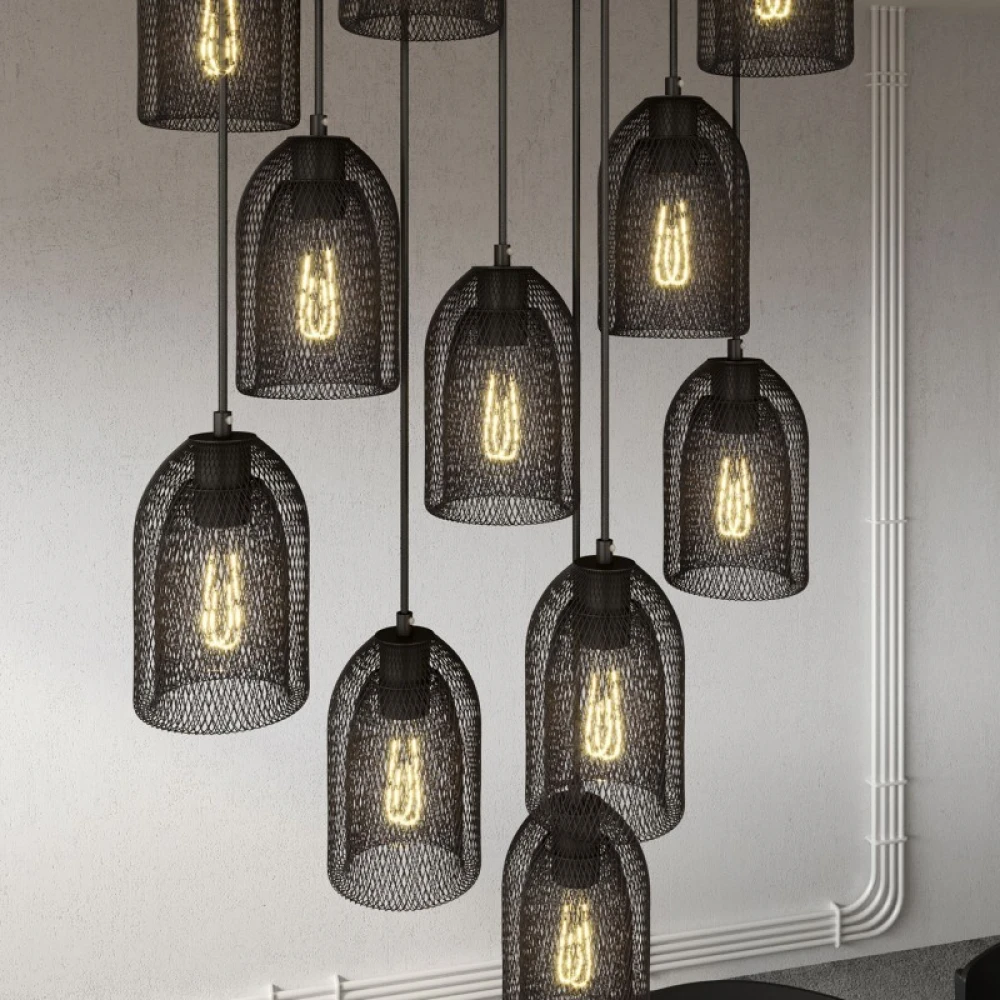 Κρεμαστό Φωτιστικό 11φωτο, με ορθογώνια ροζέτα Rose-One XXL 675 mm, υφασμάτινο καλώδιο και μεταλλικά καπέλα Ghostbell - Μαύρο ΜΑΤ Dibond - Creative Cables