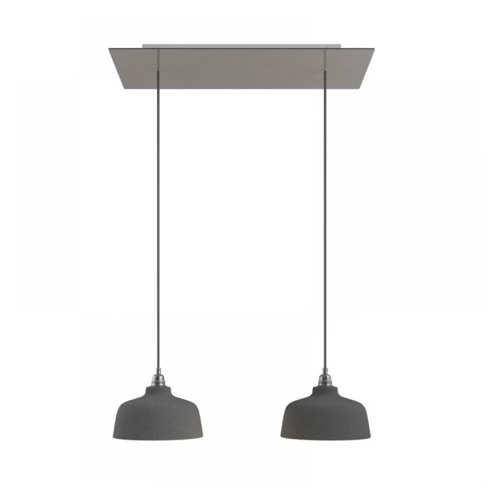 Κρεμαστό Φωτιστικό 2φωτο, με ορθογώνια ροζέτα Rose-One XXL 675 mm, υφασμάτινο καλώδιο και κεραμικά καπέλα Coppa - Νίκελ ΜΑΤ Dibond - Creative Cables