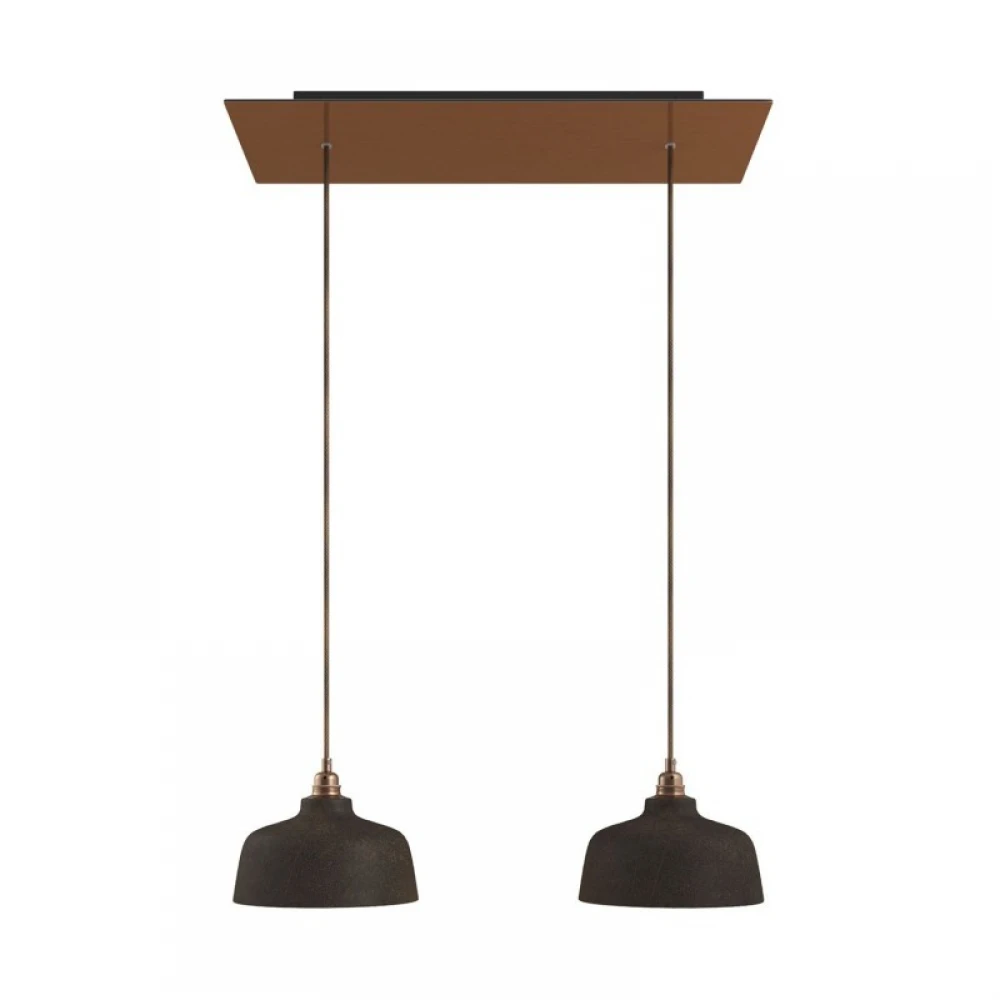 Κρεμαστό Φωτιστικό 2φωτο, με ορθογώνια ροζέτα Rose-One XXL 675 mm, υφασμάτινο καλώδιο και κεραμικά καπέλα Coppa - Χάλκινο ΜΑΤ Dibond - Creative Cables