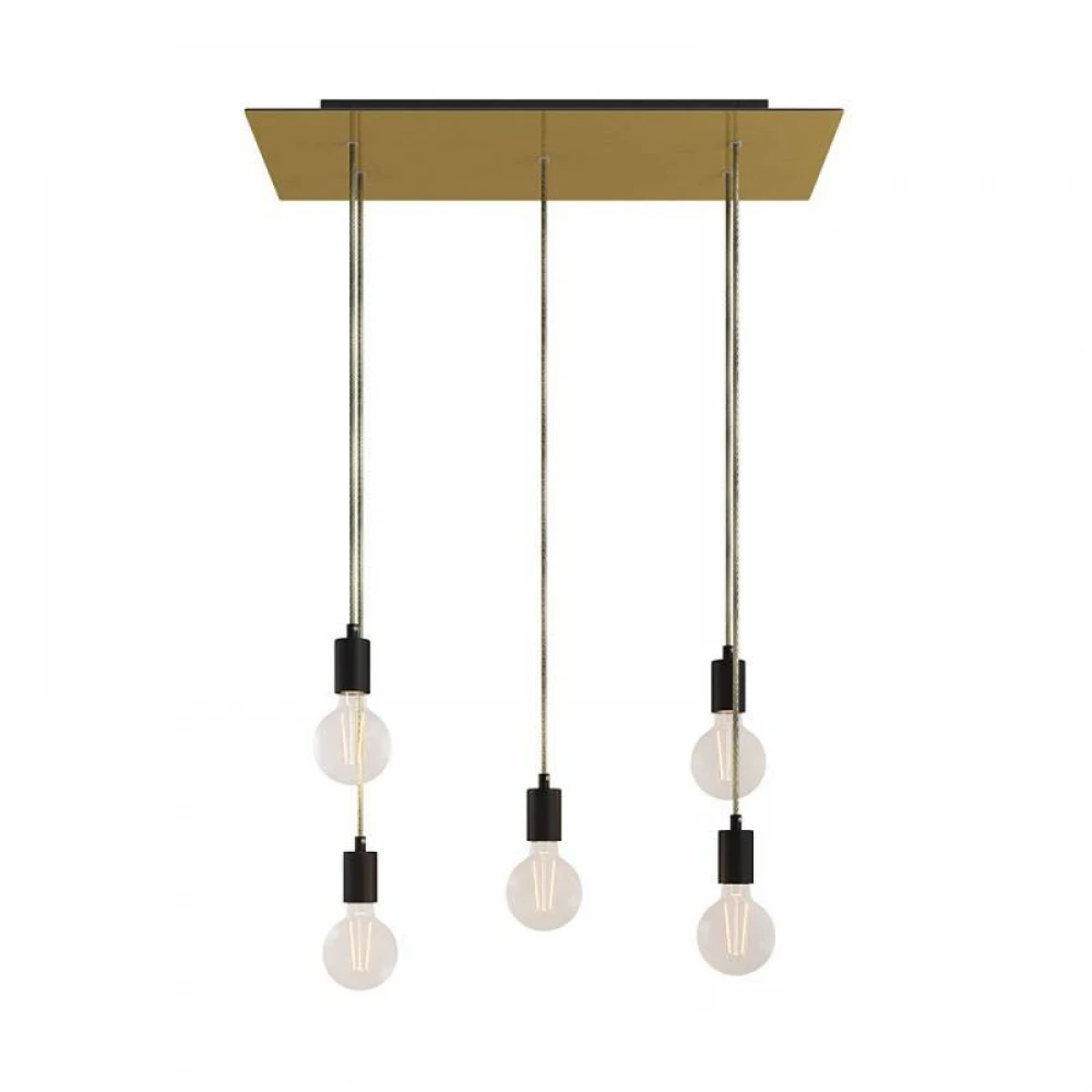 Κρεμαστό Φωτιστικό 5φωτο, με ορθογώνια ροζέτα Rose-One XXL 675 mm, υφασμάτινο καλώδιο και μεταλλικά στοιχεία - Χρυσό ΜΑΤ Dibond - Creative Cables