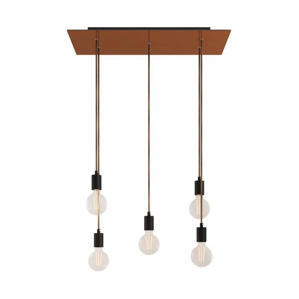 Κρεμαστό Φωτιστικό 5φωτο, με ορθογώνια ροζέτα Rose-One XXL 675 mm, υφασμάτινο καλώδιο και μεταλλικά στοιχεία - Χάλκινο ΜΑΤ Dibond - Creative Cables