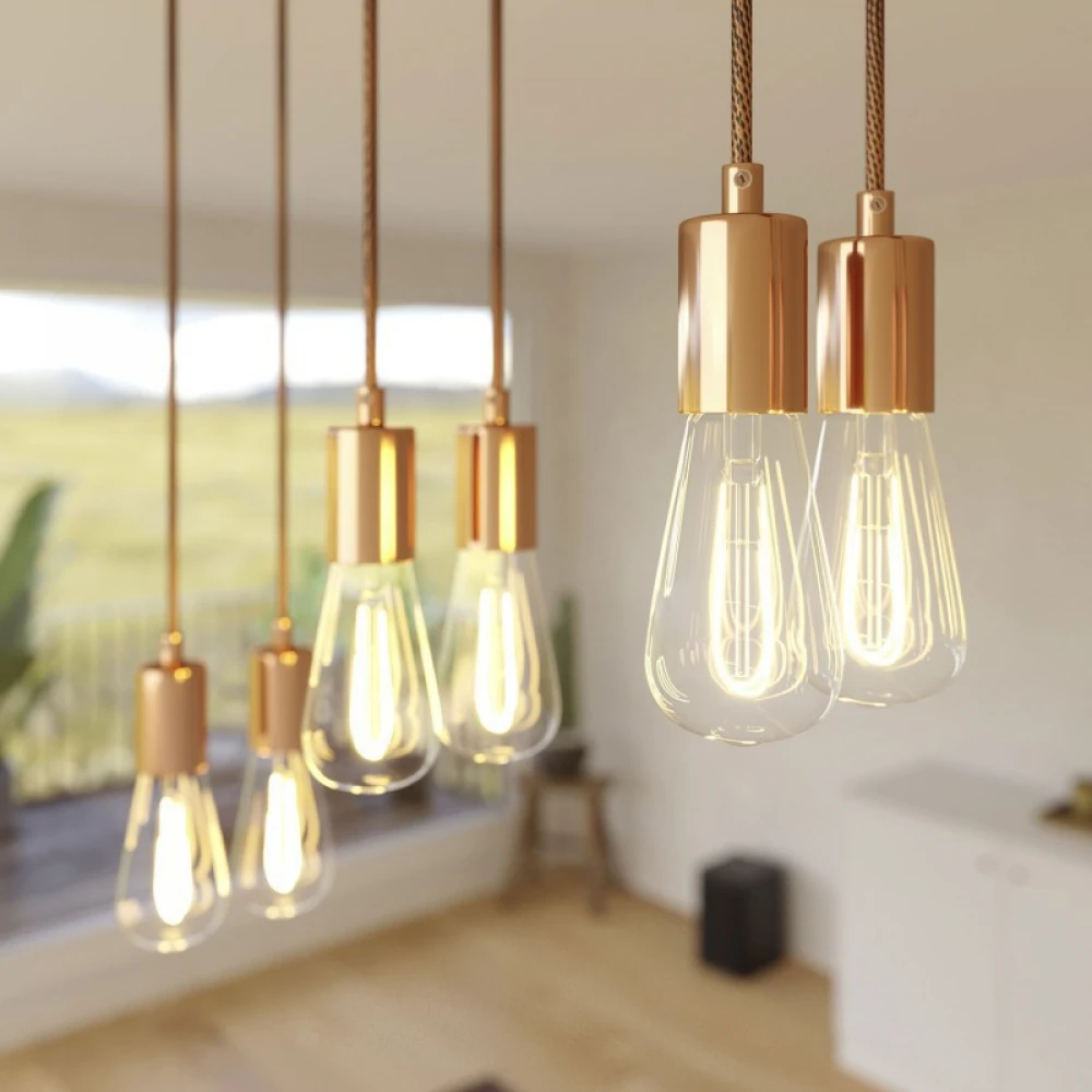 Κρεμαστό Φωτιστικό 6φωτο, με ορθογώνια ροζέτα Rose-One XXL 675 mm, υφασμάτινο καλώδιο και μεταλλικά στοιχεία - Χάλκινο ΜΑΤ Dibond - Creative Cables