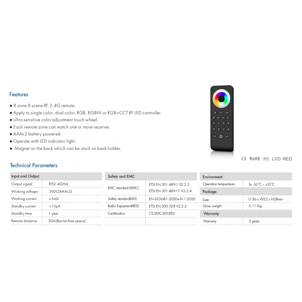 RF RGB/RGBW CONTROLLER ΜΕ ΧΕΙΡΙΣΤΗΡΙΟ ΑΦΗΣ 4X4A 12-24VDC - Cubalux