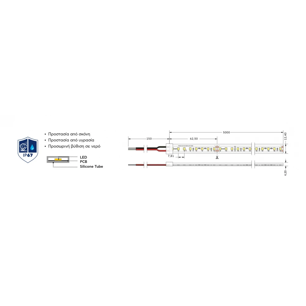 Ταινία LED Jazz 3 Watt/m 24V-IC CRI90 IP67 128 LED/m 5m (12.4mm) 3000K - 5 μέτρα - CUBALUX