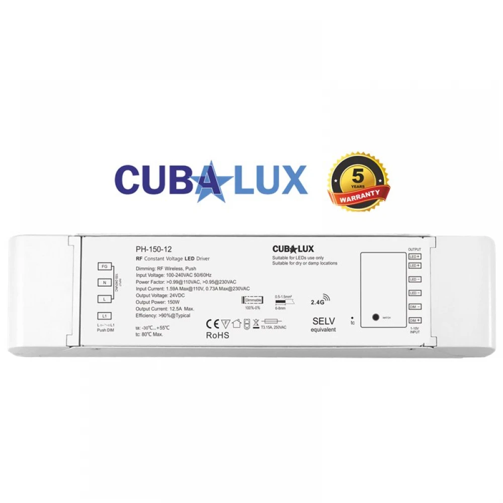 Dimmable RF, 0/1-10V, Push button τροφοδοτικό LED Cubalux 150 Watt 12VDC IP20