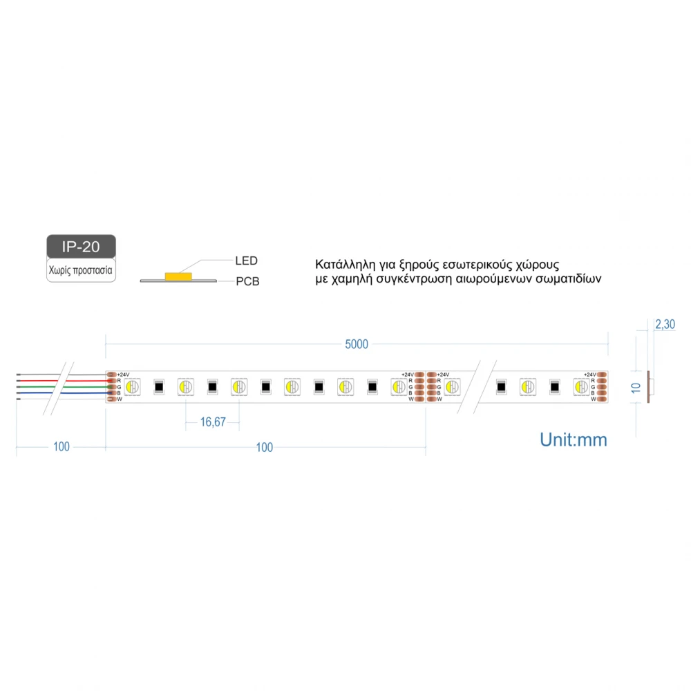 Ταινία LED TΩRA RGBW 19,2 Watt/m 24V CRI80(3000K) IP20 60 LED/m 5 μέτρα - CUBALUX