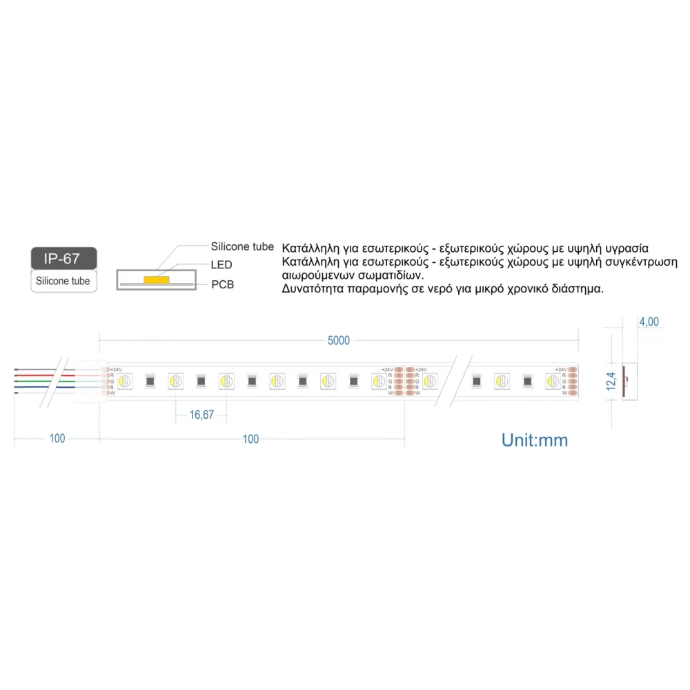 Ταινία LED TΩRA RGBW 19,2 Watt/m 24V CRI80(3000K) IP67 60 LED/m 5 μέτρα - CUBALUX