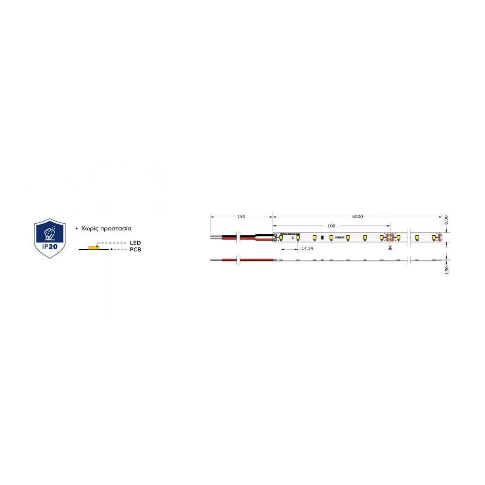 Ταινία LED TΩRA 3 Watt/m 24V CRI80 IP20 70 led/m (8mm) 2700K - 5 μέτρα - CUBALUX
