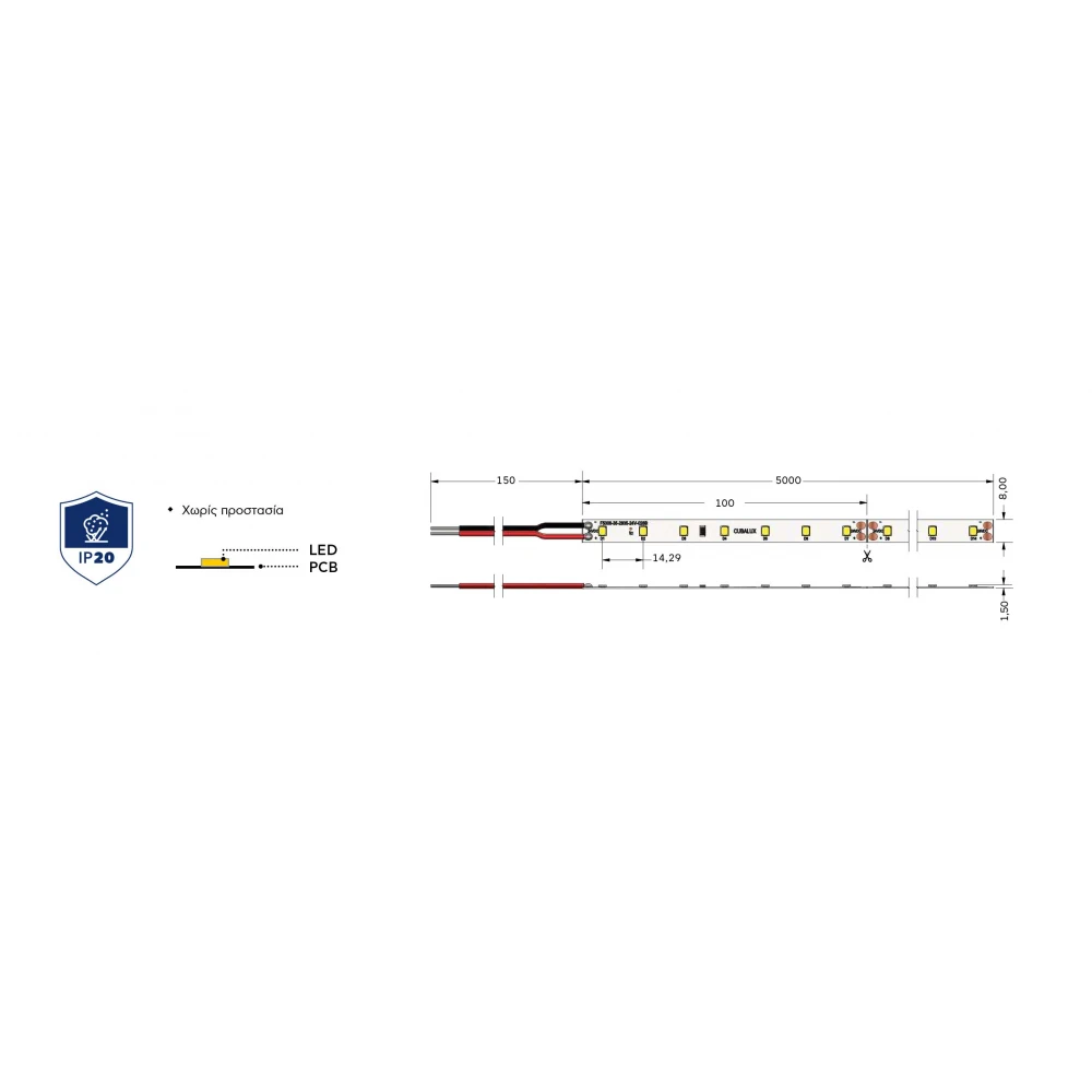 Ταινία LED TΩRA 6 Watt/m 24V CRI80 IP20 70 led/m (8mm) 3000K - 5 μέτρα - CUBALUX