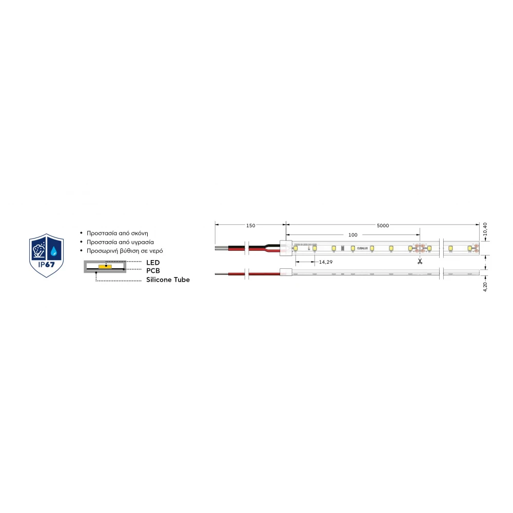 Ταινία LED TΩRA 6 Watt/m 24V CRI80 IP67 70 led/m (10,4mm) 3000K - 5 μέτρα - CUBALUX