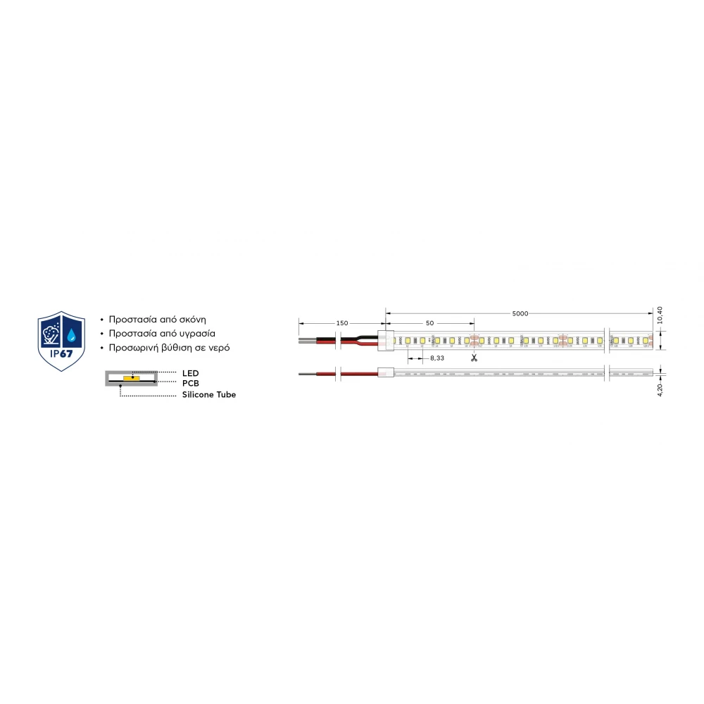Ταινία LED TΩRA 4,8 Watt/m 24V CRI80 IP67 120 led/m (10,4mm) 3000K - 5 μέτρα - CUBALUX