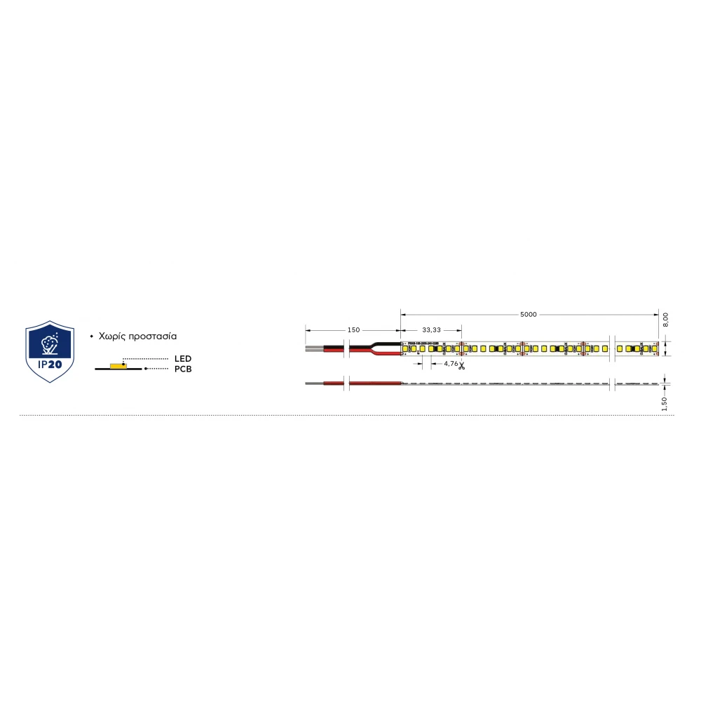 Ταινία LED TΩRA 14,4 Watt/m 24V CRI80 IP20 210 led/m 5m (8mm) 3000K - 5 μέτρα - CUBALUX