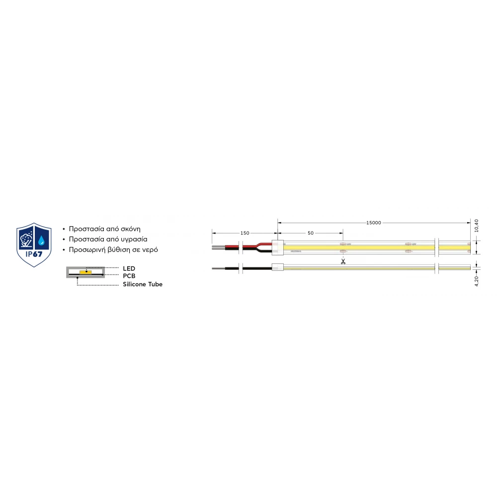 Ταινία LED TΩRA COB IC 7 Watt/m 24V CRI90 IP67 480 led/m 15m (8mm) 2700K - 15 μέτρα - CUBALUX