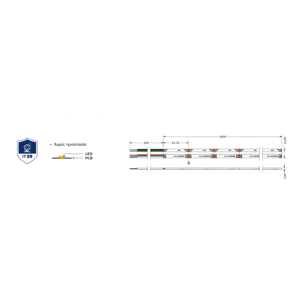 Ταινία LED TΩRA COB RGBW 18Watt/m 24V CRI90(3000K) IP20 840 led/m 5m (12mm) - 5 μέτρα - CUBALUX
