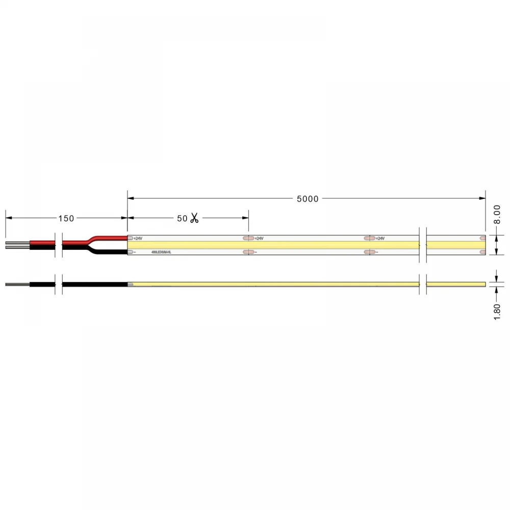Ταινία Led TΩRA COB 8 Watt/m 24V CRI90 IP65 320 led/m 3000K 5m (8mm) - 5 μέτρα - CUBALUX