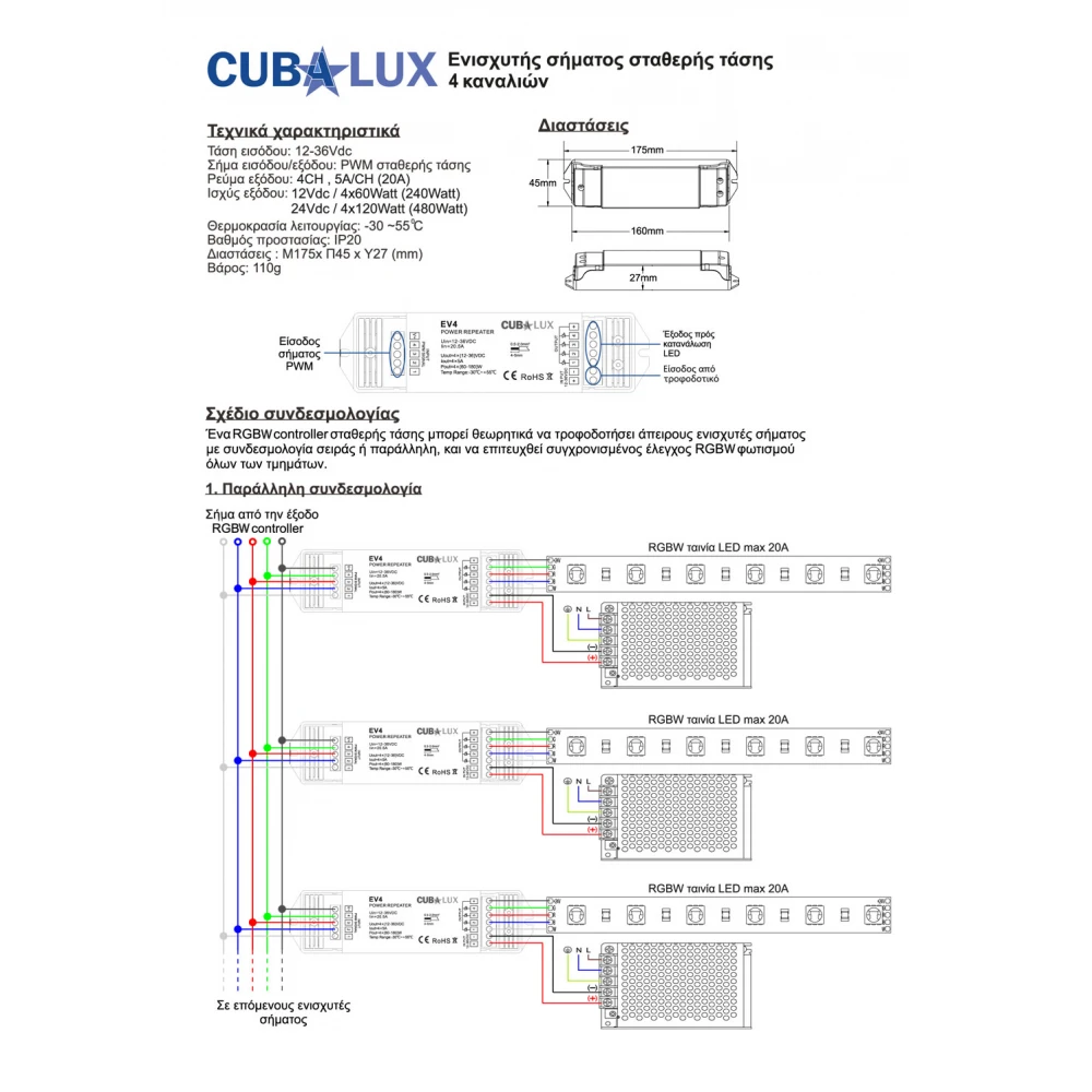 Ενισχυτής Σήματος 4 x 5 A Για RGB/RGBW Ταινία LED - Cubalux