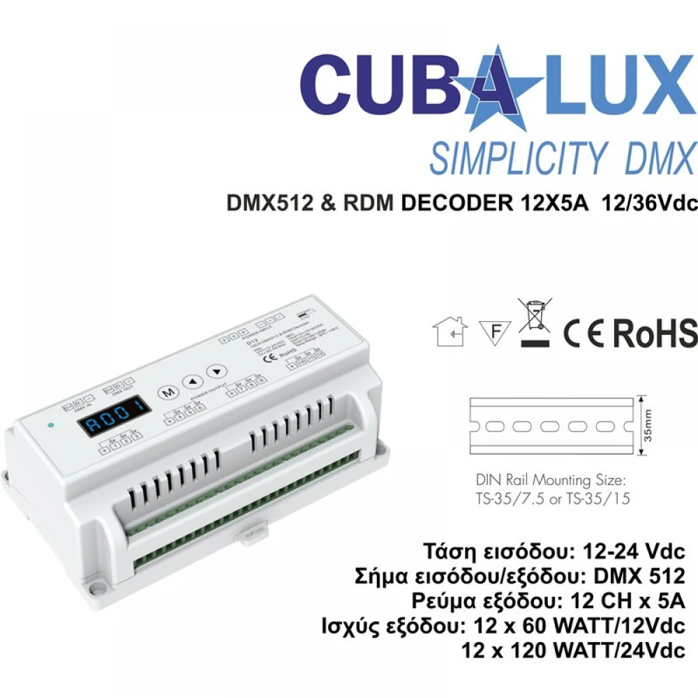 DMX 512 & RDM Αποκωδικοποιητής 12 x 5 A 12/36 Vdc - Cubalux