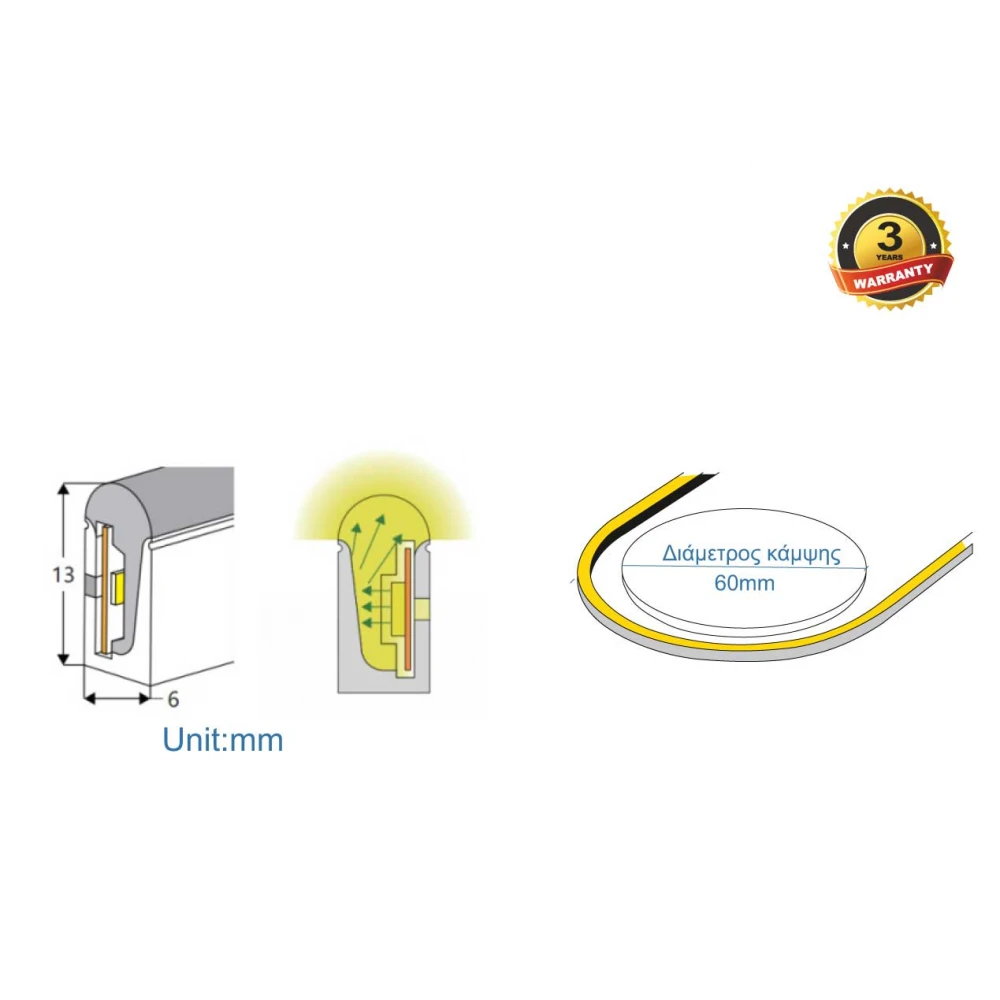 Neon Flex Πλαγίου Φωτισμού 6x13 12 Watt/m 24V IP67 2700K Θερμό Λευκό - 5 Μέτρα - Cubalux