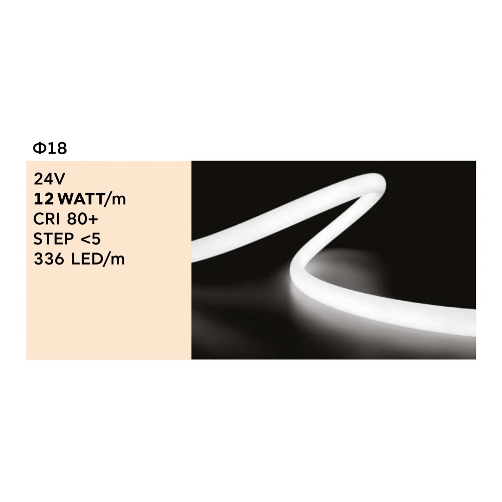 Ταινία LED Neon RONDO 18mm 12Watt/m 24V CRI80 IP65 336 LED/m 5m 2700K Θερμό Λευκό - 5 Μέτρα - Cubalux