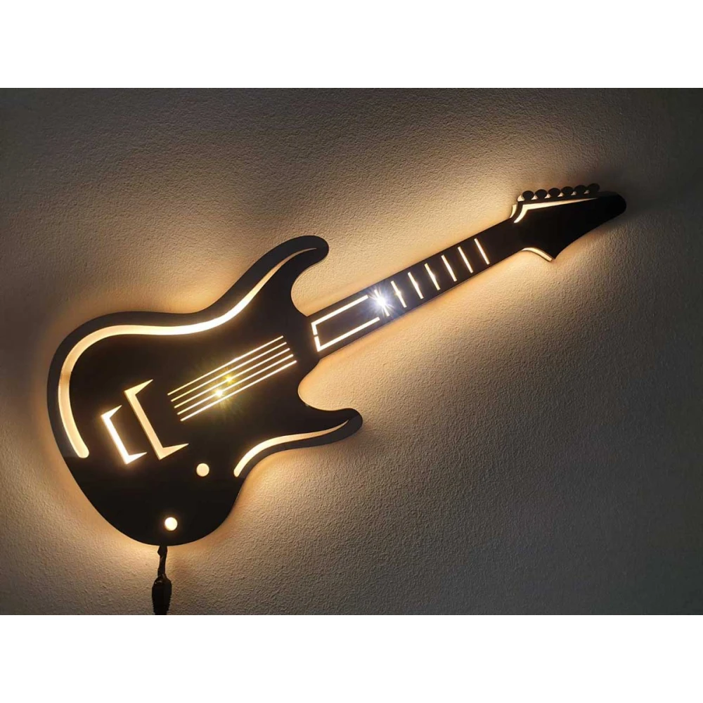 Custom LED Φωτιστικό Τοίχου Ηλεκτρική Κιθάρα - Χειροποίητο Φωτιστικό Από Ξύλο 60x25 cm