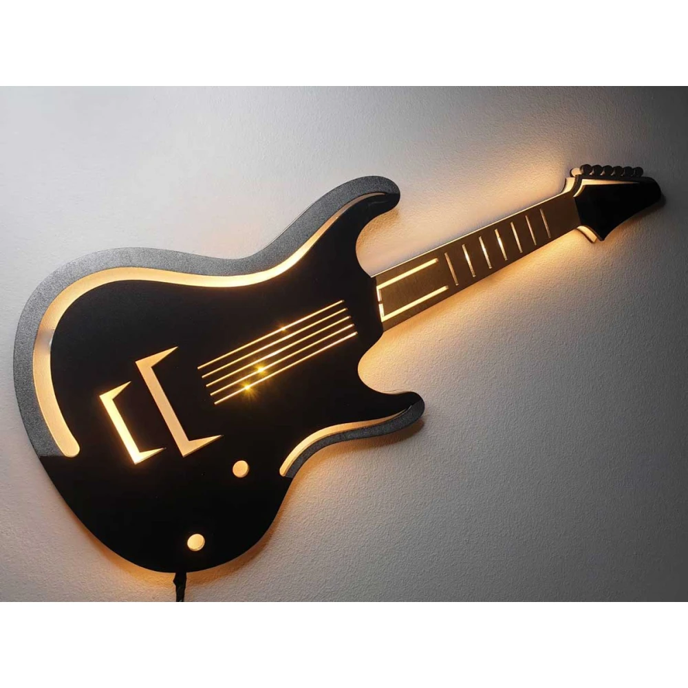 Custom LED Φωτιστικό Τοίχου Ηλεκτρική Κιθάρα - Χειροποίητο Φωτιστικό Από Ξύλο 60x25 cm