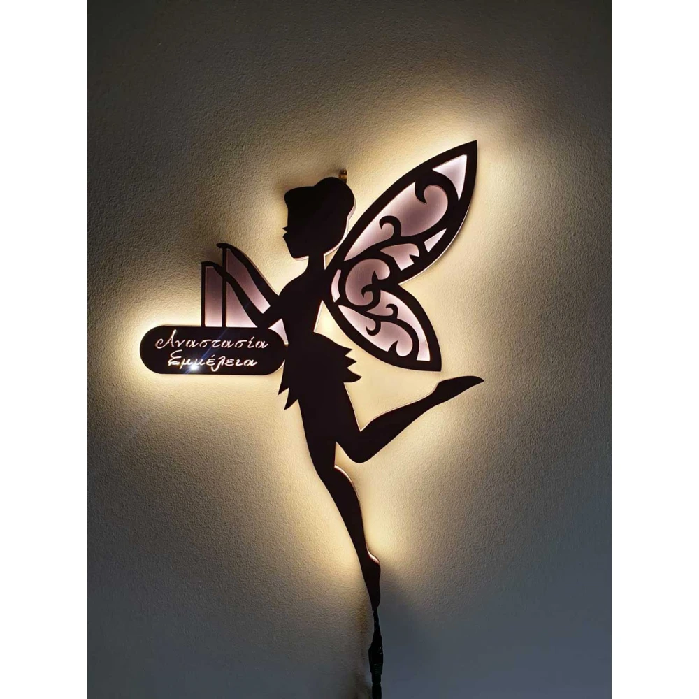 Custom LED Φωτιστικό Τοίχου Νεράιδα - Χειροποίητο Φωτιστικό Από Ξύλο 45x30 cm