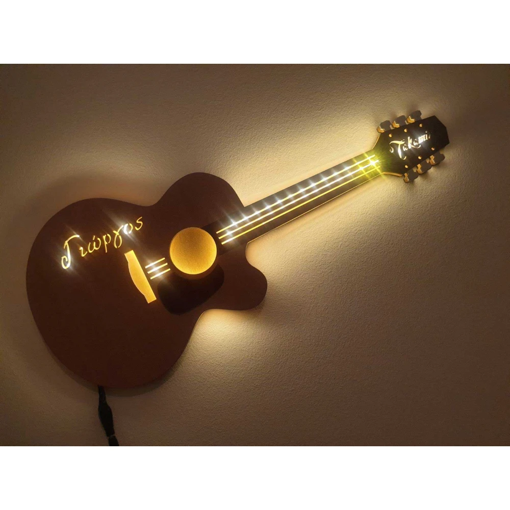 Custom LED Φωτιστικό Τοίχου Κιθάρα ακουστική - Χειροποίητο Φωτιστικό Από Ξύλο 60x25 cm