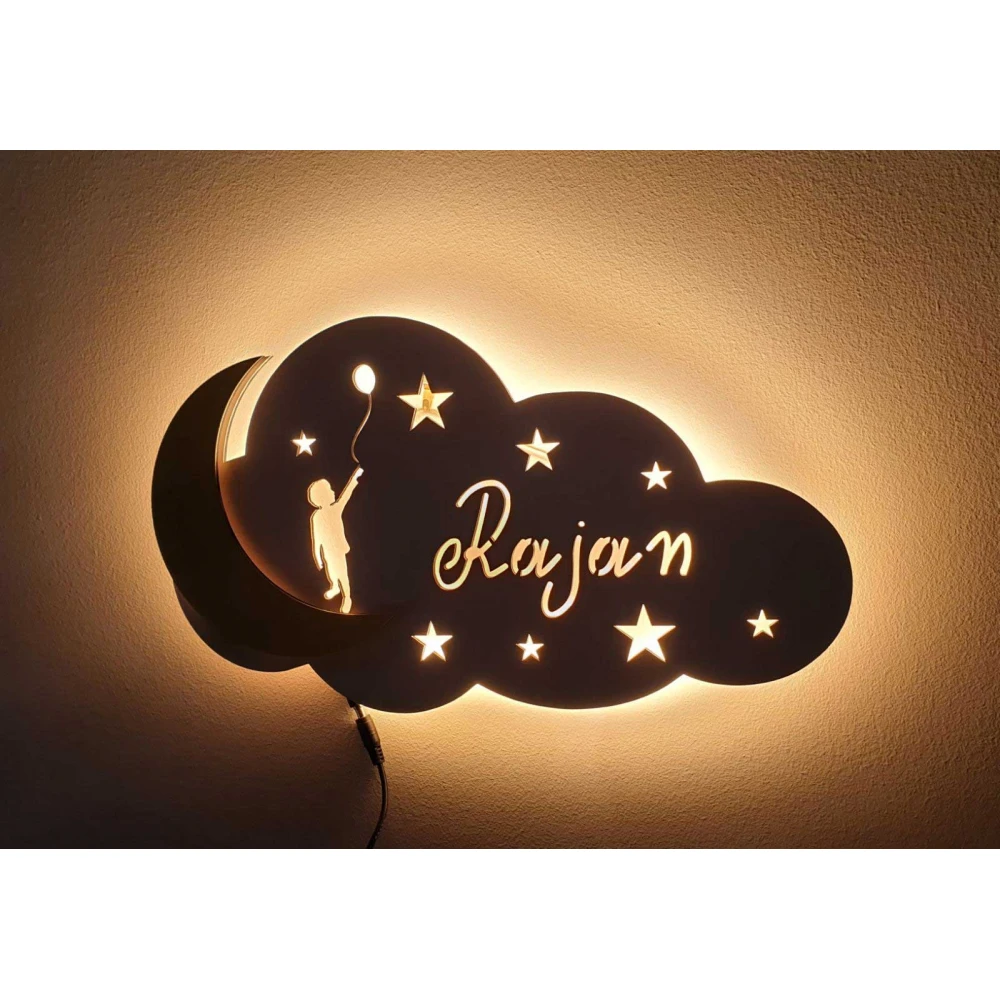 Custom LED Φωτιστικό Τοίχου Συννεφάκι  - Χειροποίητο Φωτιστικό Από Ξύλο 35x25cm