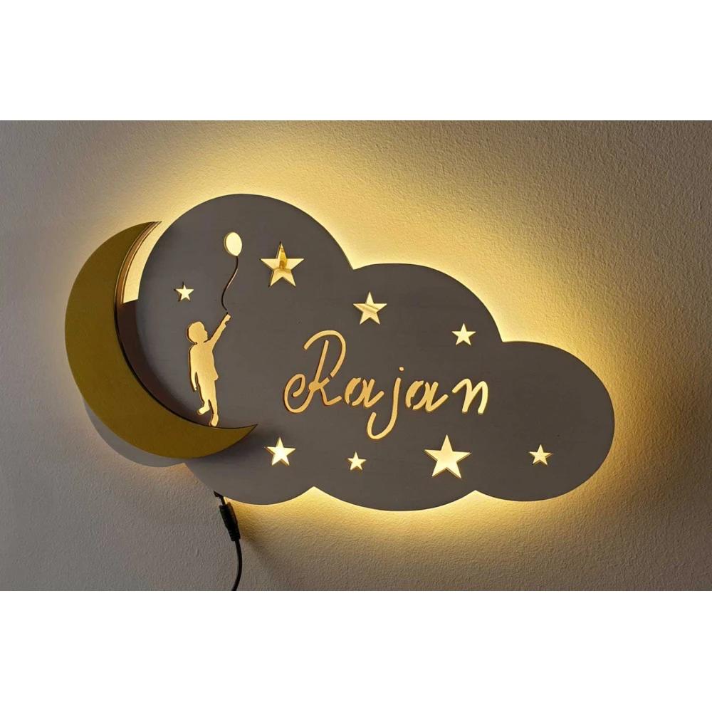 Custom LED Φωτιστικό Τοίχου Συννεφάκι  - Χειροποίητο Φωτιστικό Από Ξύλο 35x25cm