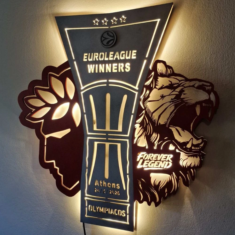 Custom LED Φωτιστικό τοίχου OLYMPIACOS BC EUROLEAGUE WINNERS - Χειροποίητο Φωτιστικό Από Ξύλο 50x50cm