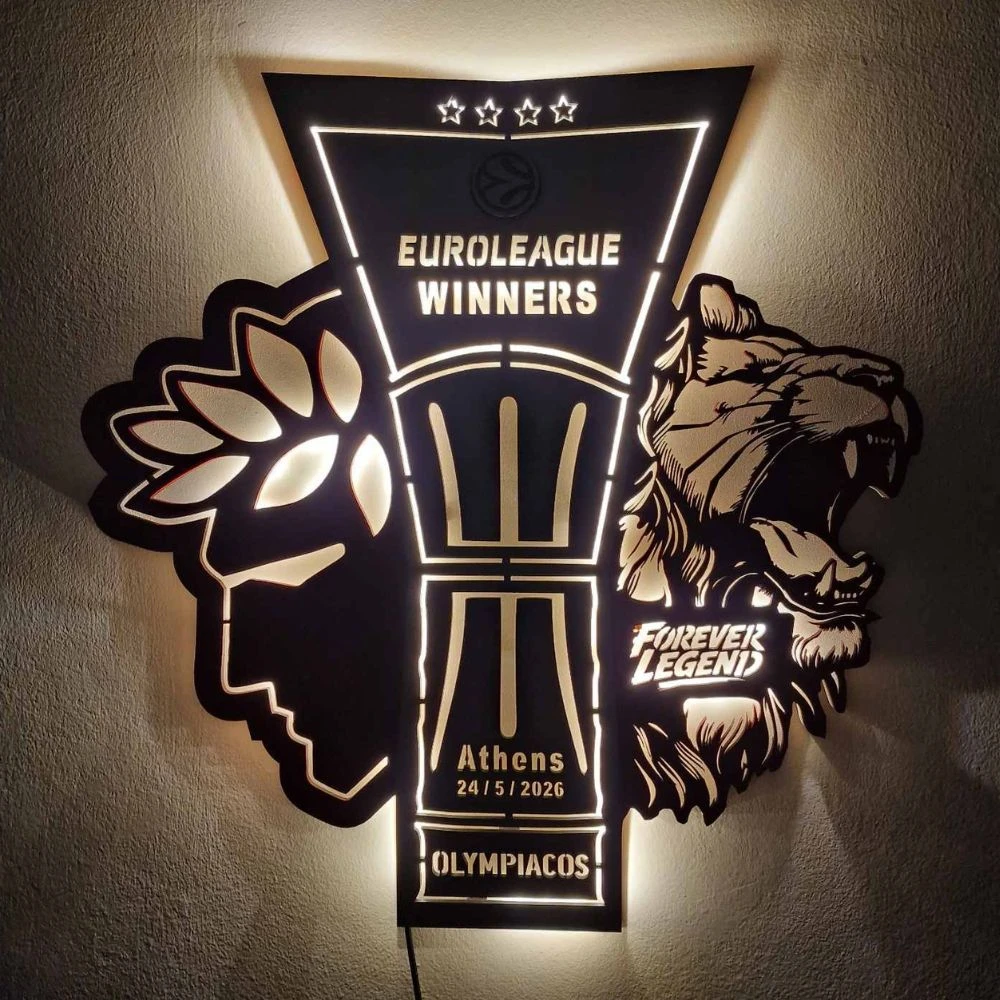 Custom LED Φωτιστικό τοίχου OLYMPIACOS BC EUROLEAGUE WINNERS - Χειροποίητο Φωτιστικό Από Ξύλο 50x50cm