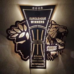 Custom LED Φωτιστικό τοίχου OLYMPIACOS BC EUROLEAGUE WINNERS - Χειροποίητο Φωτιστικό Από Ξύλο 50x50cm