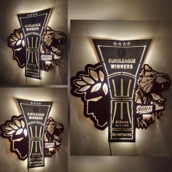 Custom LED Φωτιστικό τοίχου OLYMPIACOS BC EUROLEAGUE WINNERS - Χειροποίητο Φωτιστικό Από Ξύλο 50x50cm