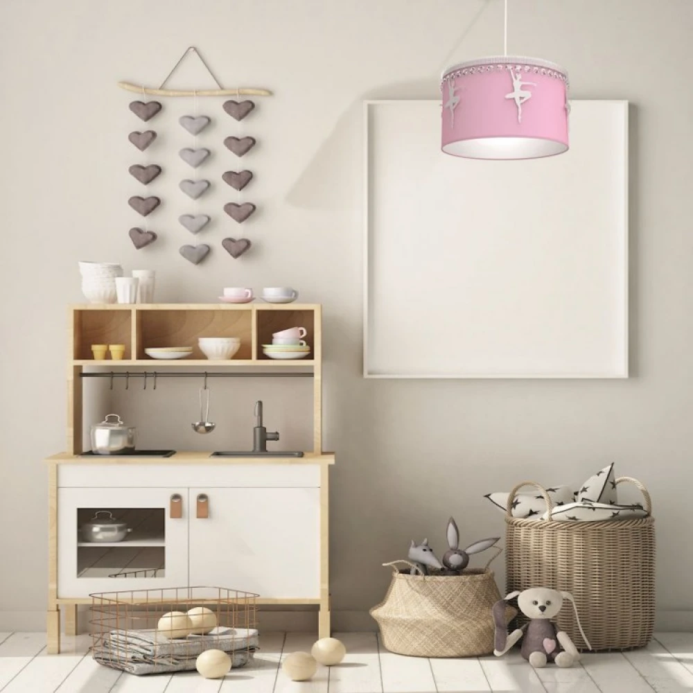 Παιδικό Κρεμαστό Φωτιστικό Με Υφασμάτινο Καπέλο με Μπαλαρίνες και Κρύσταλλα Ροζ Φ37cm 1x E27 BALETNIKA - MiLagro