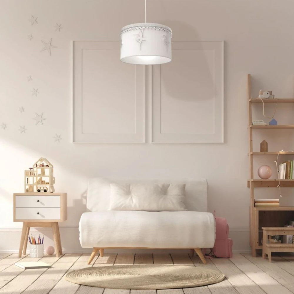 Παιδικό Κρεμαστό Φωτιστικό Με Υφασμάτινο Καπέλο με Μπαλαρίνες και Κρύσταλλα Λευκό Φ37cm 1x E27 BALETNIKA - MiLagro