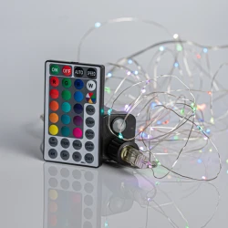 ΣΕΙΡΑ, 100 ΜΙΝΙ LED, 4,5V, ΜΕ ΜΕΤΑΣΧΗΜΑΤΙΣΤΗ ΚΑΙ ΤΗΛΕΧΕΙΡΙΣΤΗΡΙΟ (M/F, ON/OFF, TIMER), ΠΡΟΕΚΤΑΣΗ ΠΑΡΟΧΗΣ 500cm, ΑΣΗΜΙ ΧΑΛΚΟΣ, SYCHRONIZ RGB LED, ANA 10cm, ΙΡ44 Magic Christmass