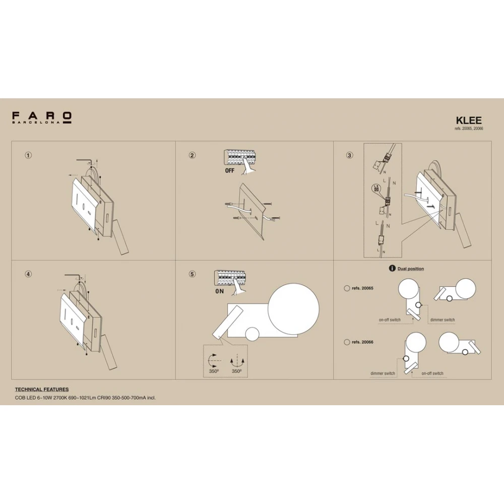 LED Φωτιστικό Τοίχου Γκρι Με Φως Ανάγνωσης Στα Αριστερά 10W - 3W DIMMABLE KLEE FARO