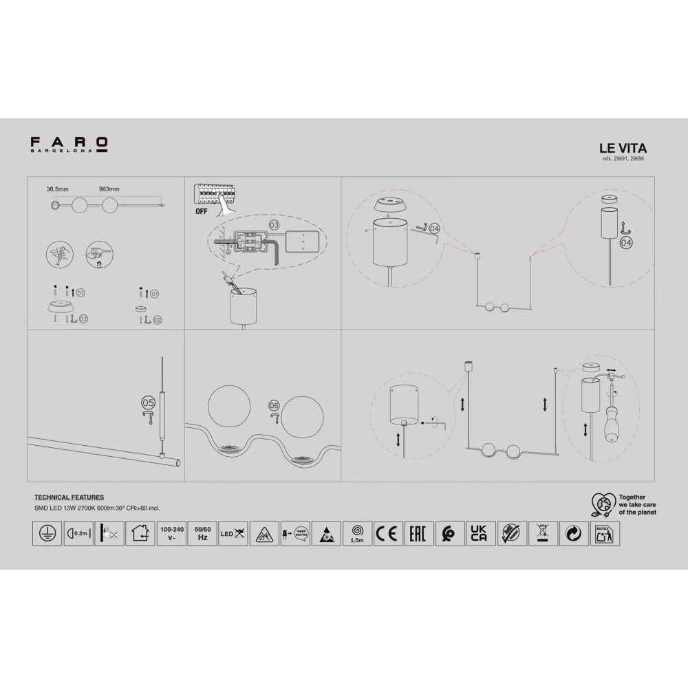 LE VITA Κρεμαστό Φωτιστικό Μαύρο Με Οπάλ Γυαλί - LED 13W FARO