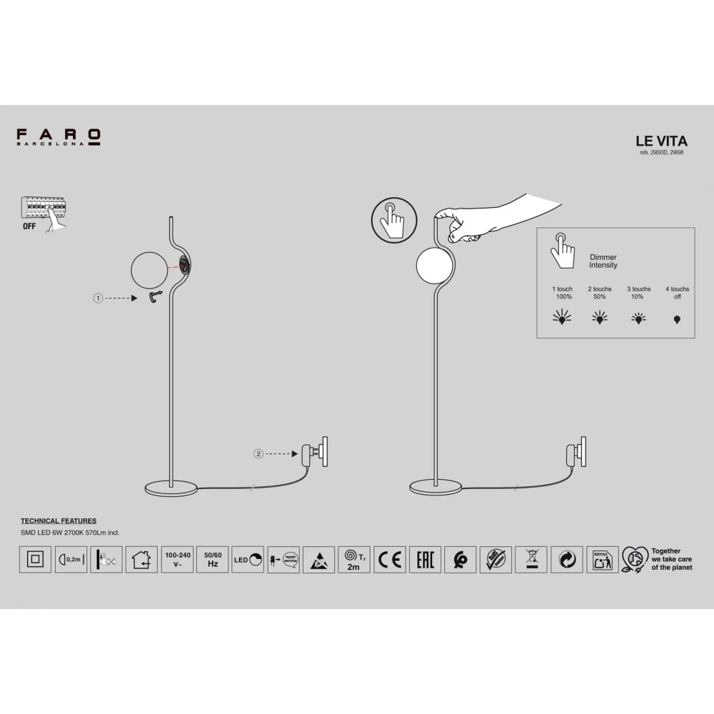 LE VITA Φωτιστικό Δαπέδου Μαύρο Με Οπάλ Γυαλί - LED 6W DIMMABLE FARO